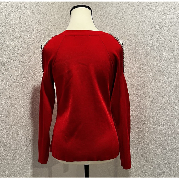 INC Red Knit Sweater Rhinestones & Beads Down Cold Shoulder Sleeve Size PM - Picture 5 of 9